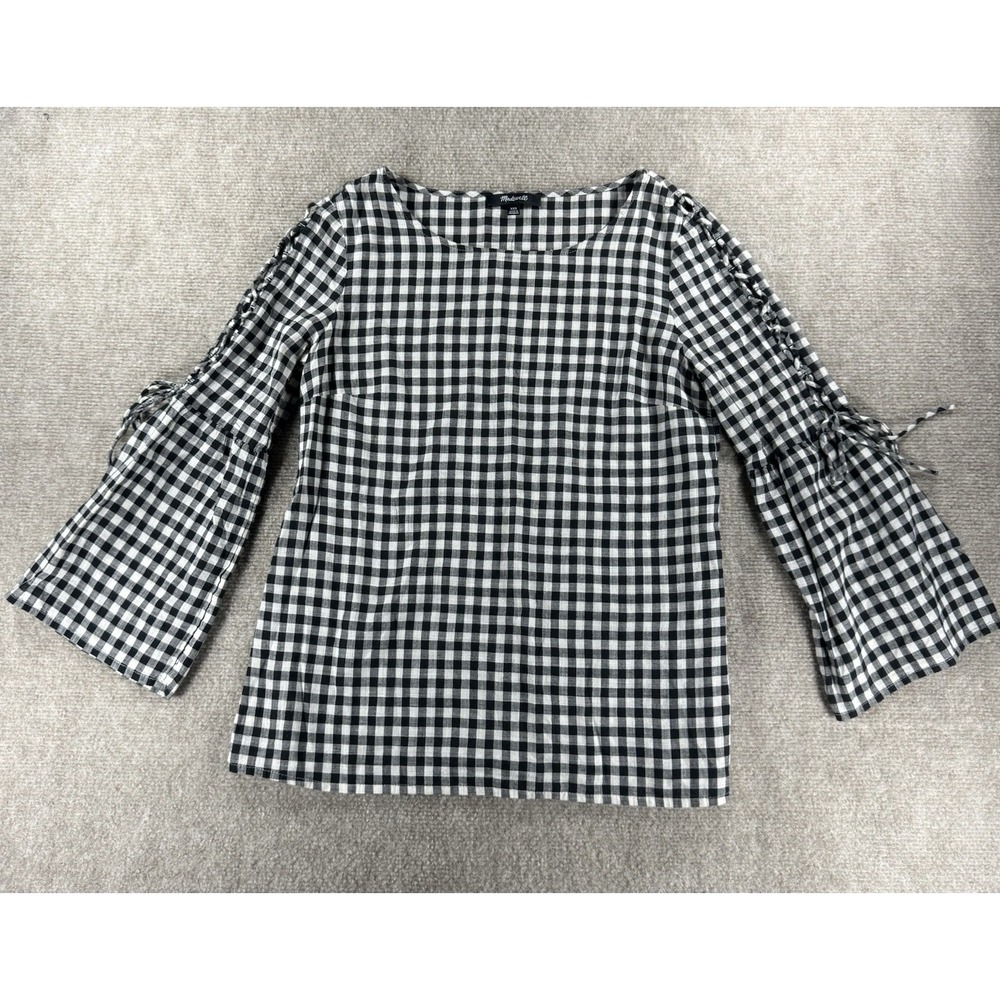 Madewell‎ Women's Gingham Check Blouse XXS Tie Sleeve Ruffle Bell Peasant Top